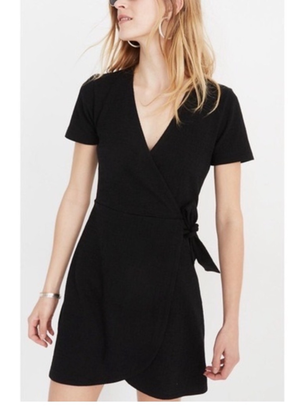 Madewell Texture & Thread Short Sleeve Side Tie Faux Wrap Dress Black - Size S